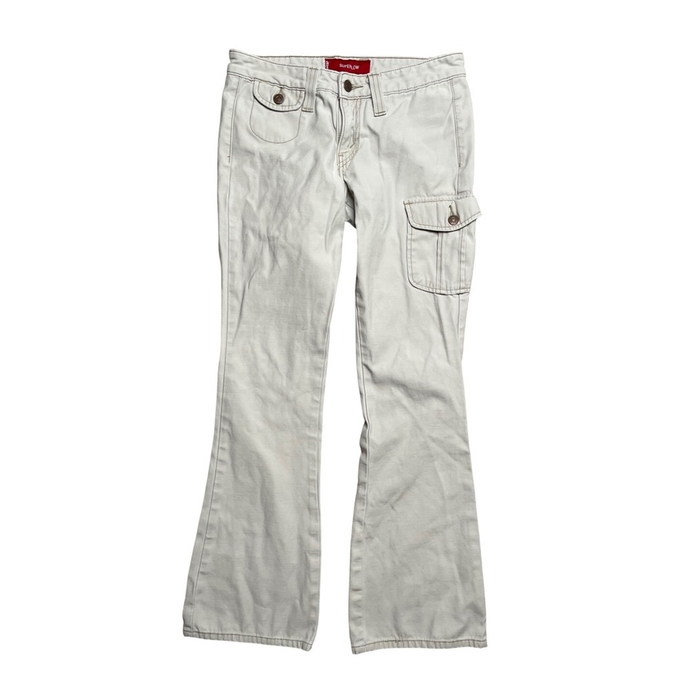 Levis Superlow Cargo Flare Jeans Light Beige Size 5JR M‎ Y2K